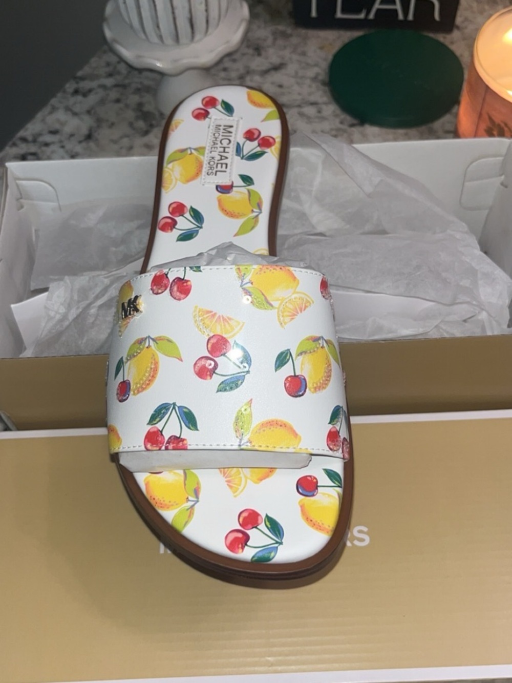 Michael Kors White Slide Sandals with Yellow Lemon & Red Cherry Print